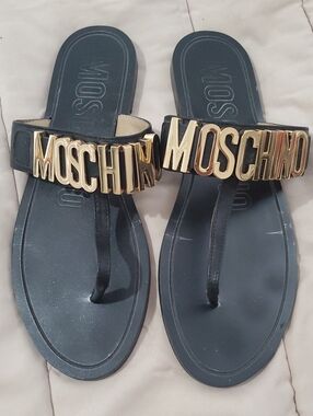 Moschino Black Sandal Thongs with Gold Logo Plaque